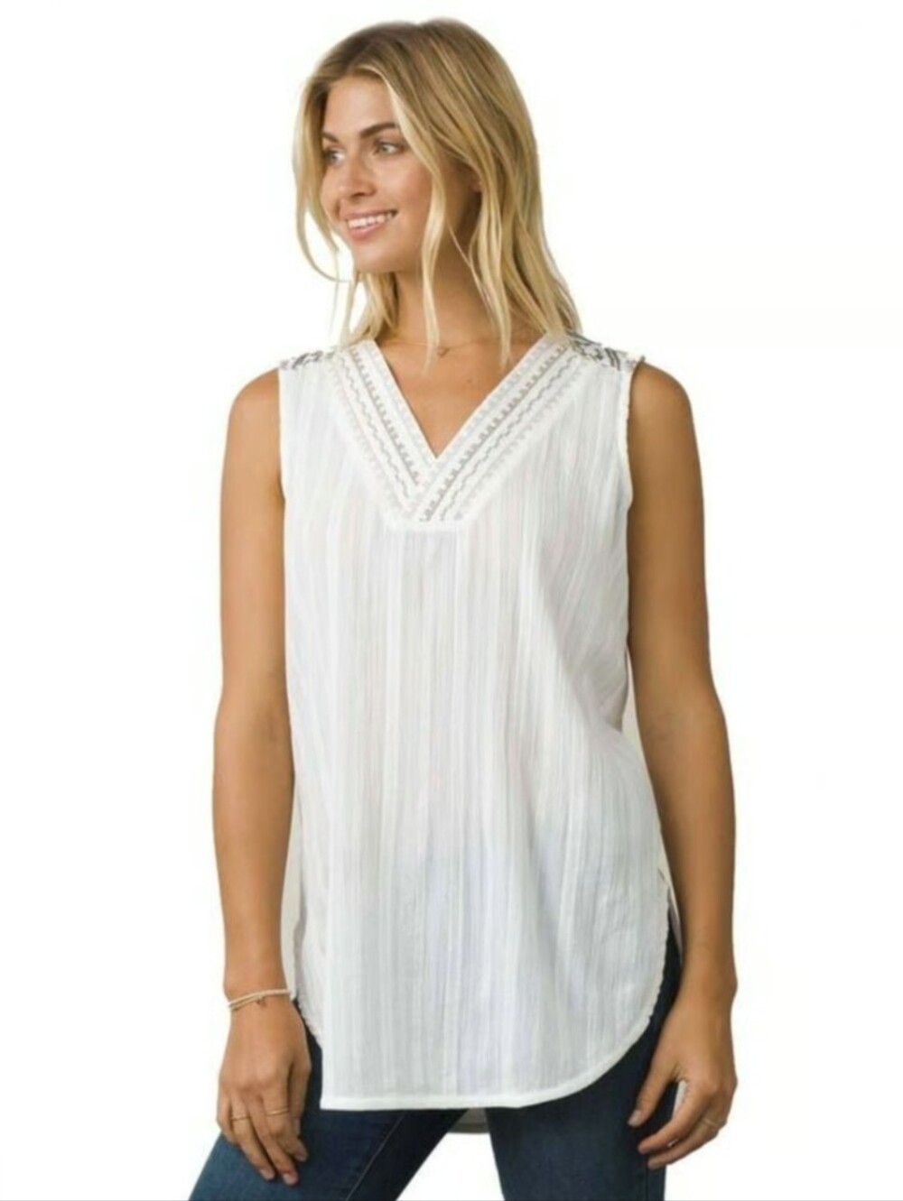 Prana White Sleeveless V-Neck Crochet-Trim Camisole Size XS